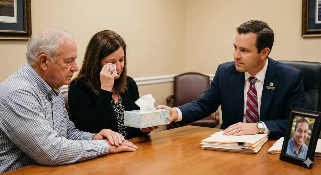 A Berniard Law Firm attorney providing compassionate legal counsel to a grieving family during a wrongful death consultation.